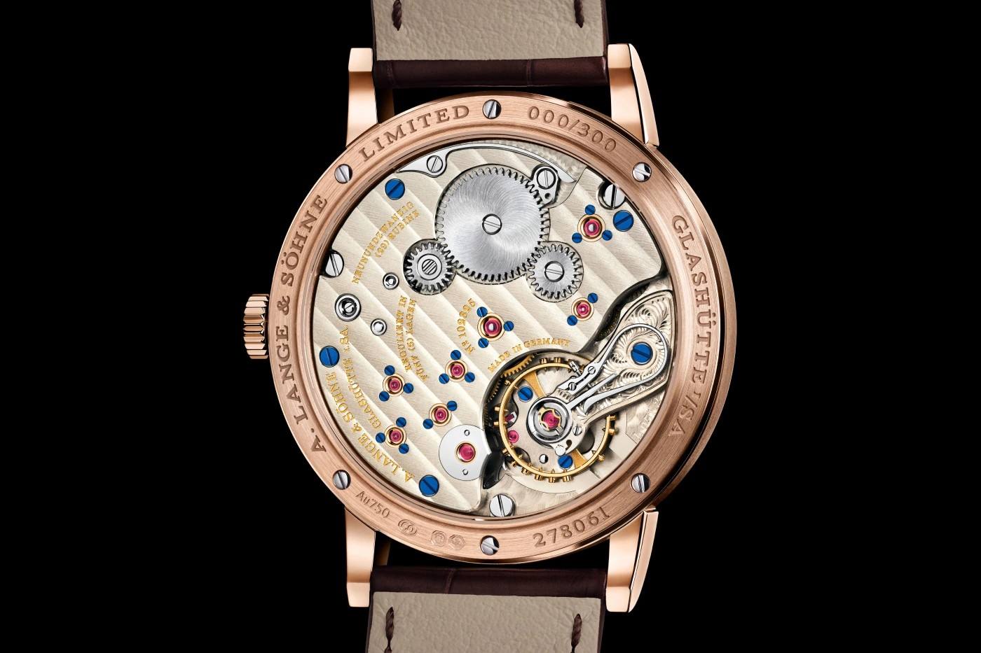 Caseback view of the pink-gold A. Lange and Sohne 1815 UP/DOWN showing calibre L051.2
