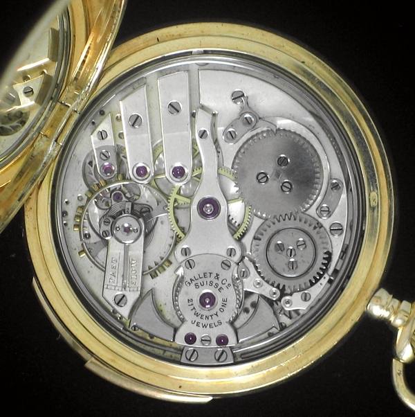 Back of a 1905 Gallet minute repeating pocket watch movement, signed Gallet and Co, Fabrique d'Horlogerie, Suisse, showing the repeating racks, snails and governor beneath the signed bridge.