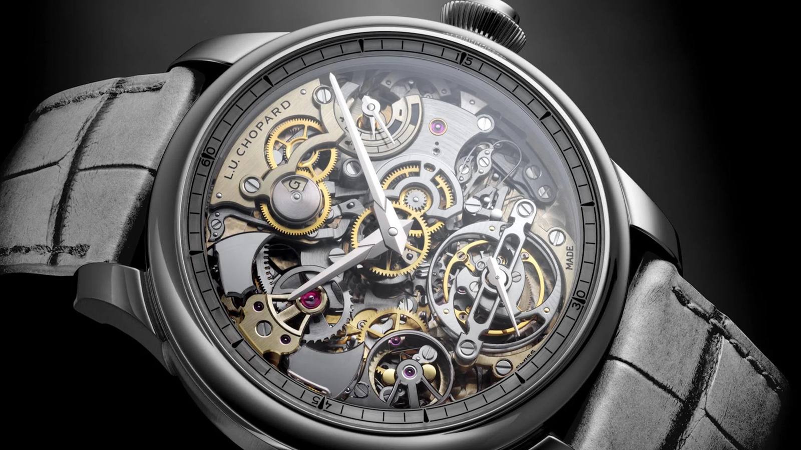 The Chopard L.U.C Grand Strike in its skeletonised execution, the chiming movement with two gongs visible through the openworked dial.