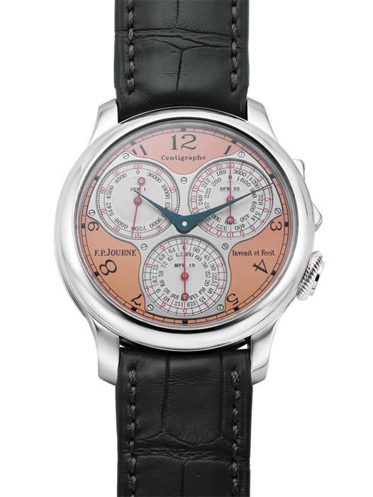 F.P. Journe Centigraphe Souverain platinum wristwatch with salmon dial and three registers.
