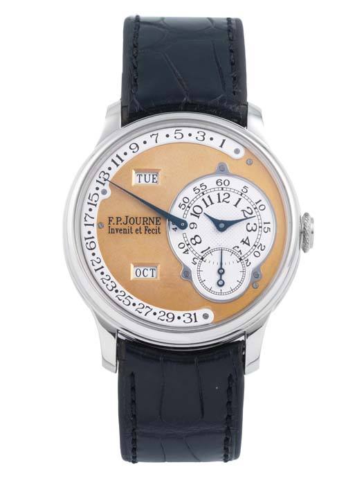 F.P. Journe Octa Calendrier platinum wristwatch with gold dial and retrograde date.