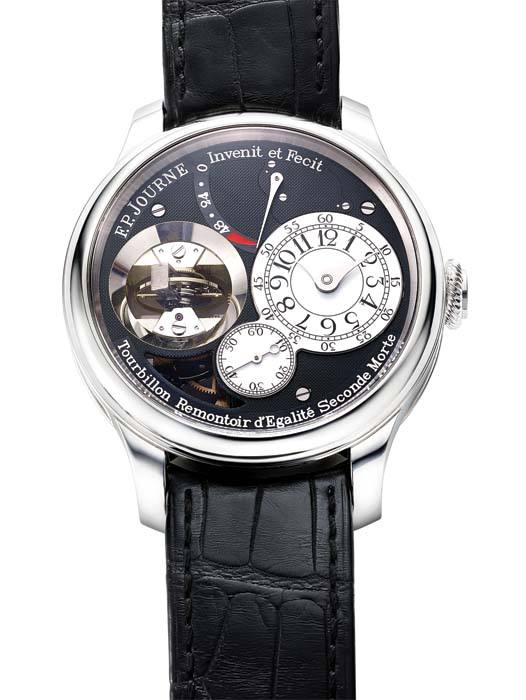 F.P. Journe Tourbillon Vertical platinum wristwatch with black dial and vertical tourbillon.