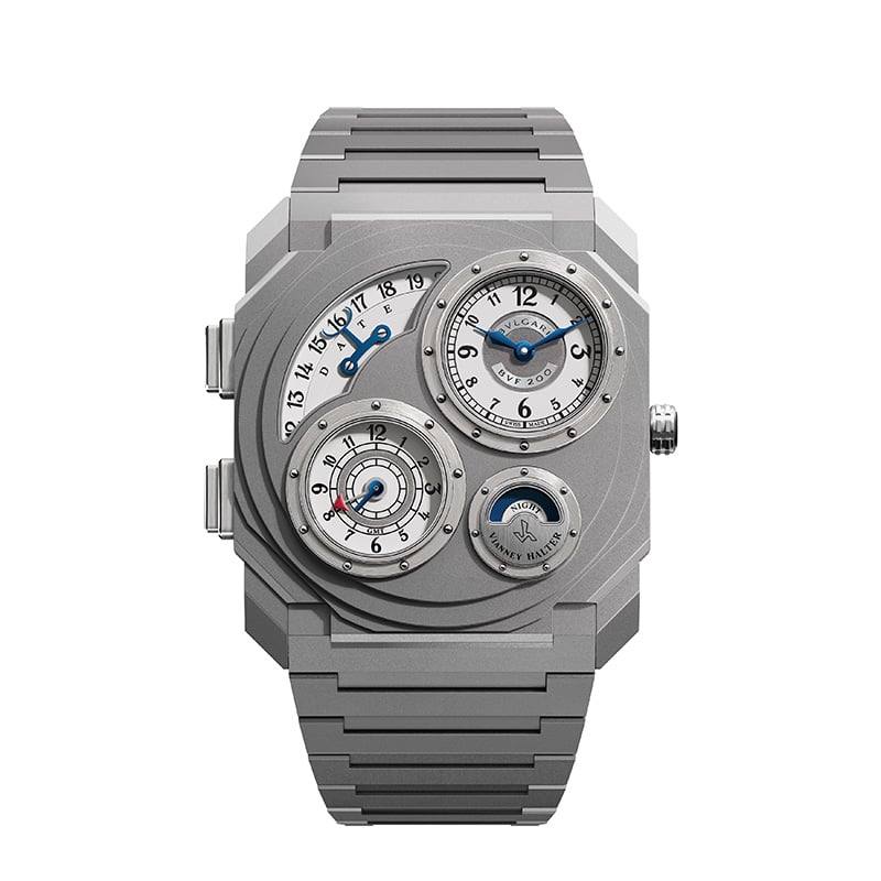 Front view of the Bulgari Octo Finissimo Dual Time x Vianney Halter in sandblasted titanium, ref. 104356