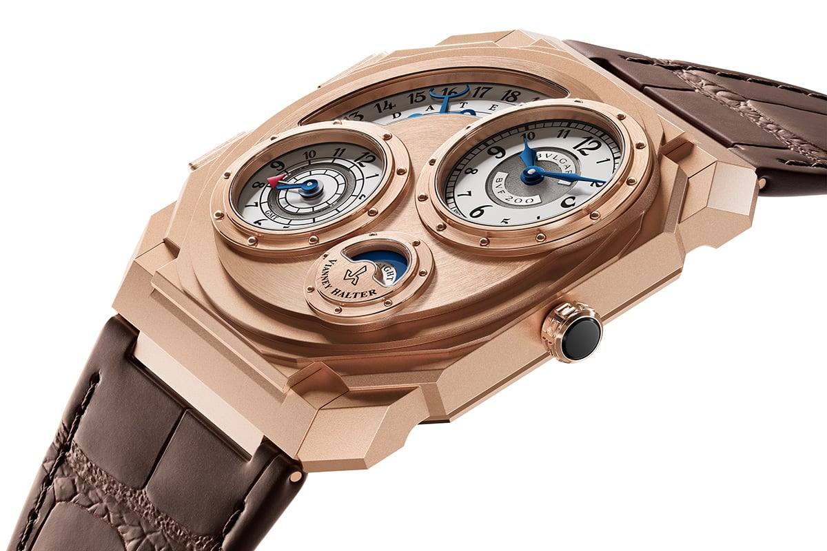Three-quarter view of the Bulgari Octo Finissimo Dual Time x Vianney Halter rose gold edition, ref. 104355