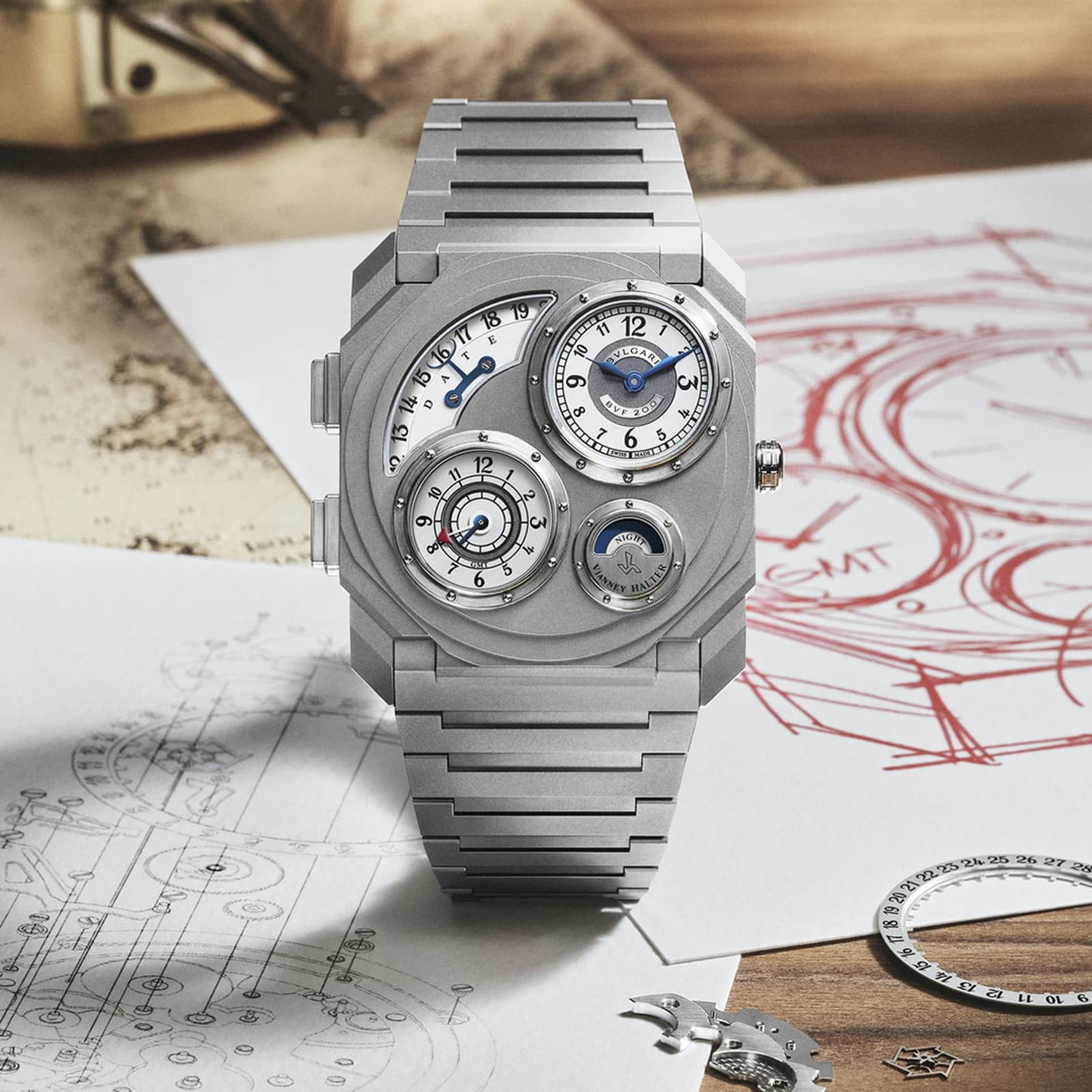 Bulgari Octo Finissimo Dual Time x Vianney Halter in titanium with multiple time displays.