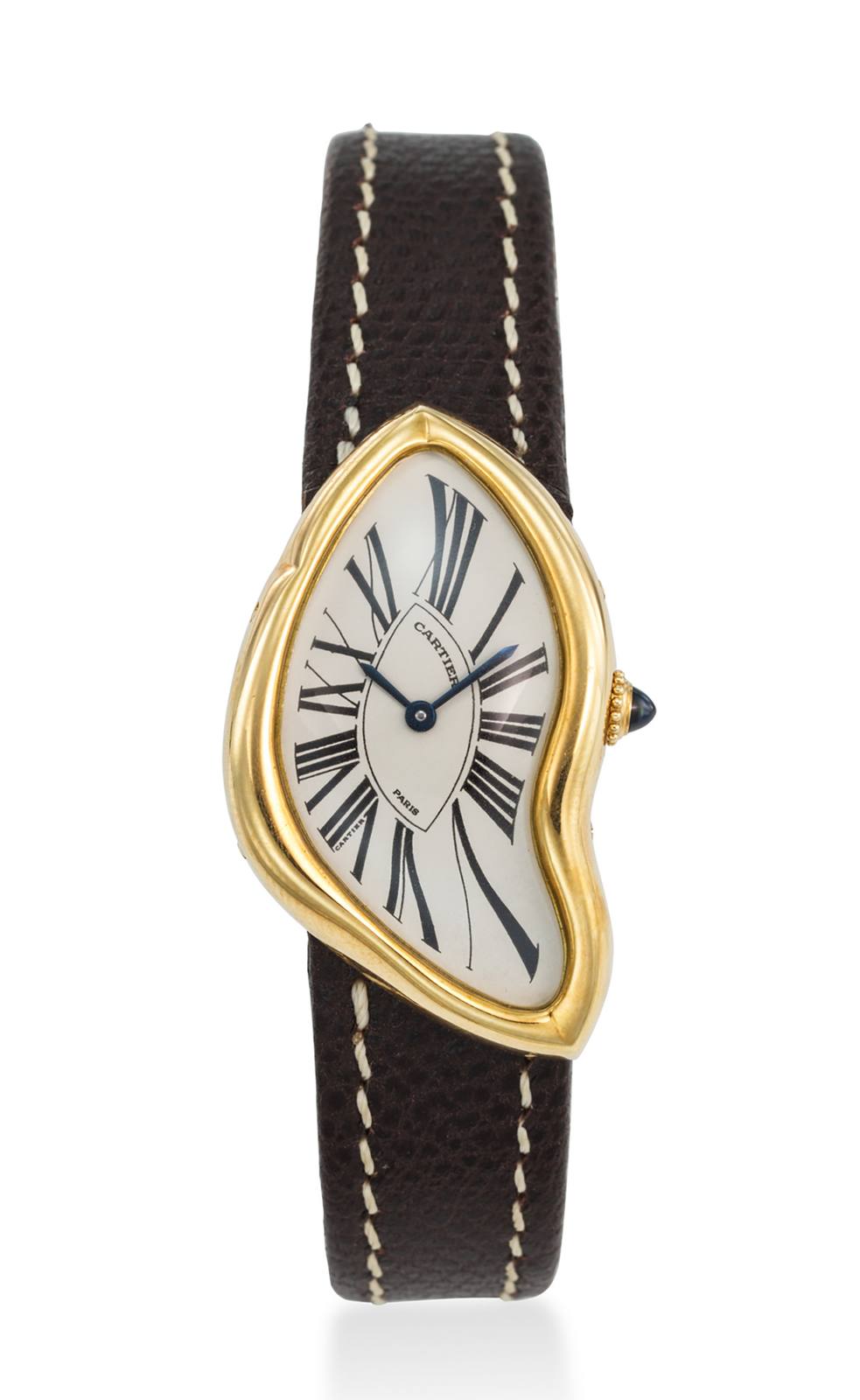 Front view of the circa 1991 limited-edition 18k gold Cartier Crash from Sir Elton John's collection.