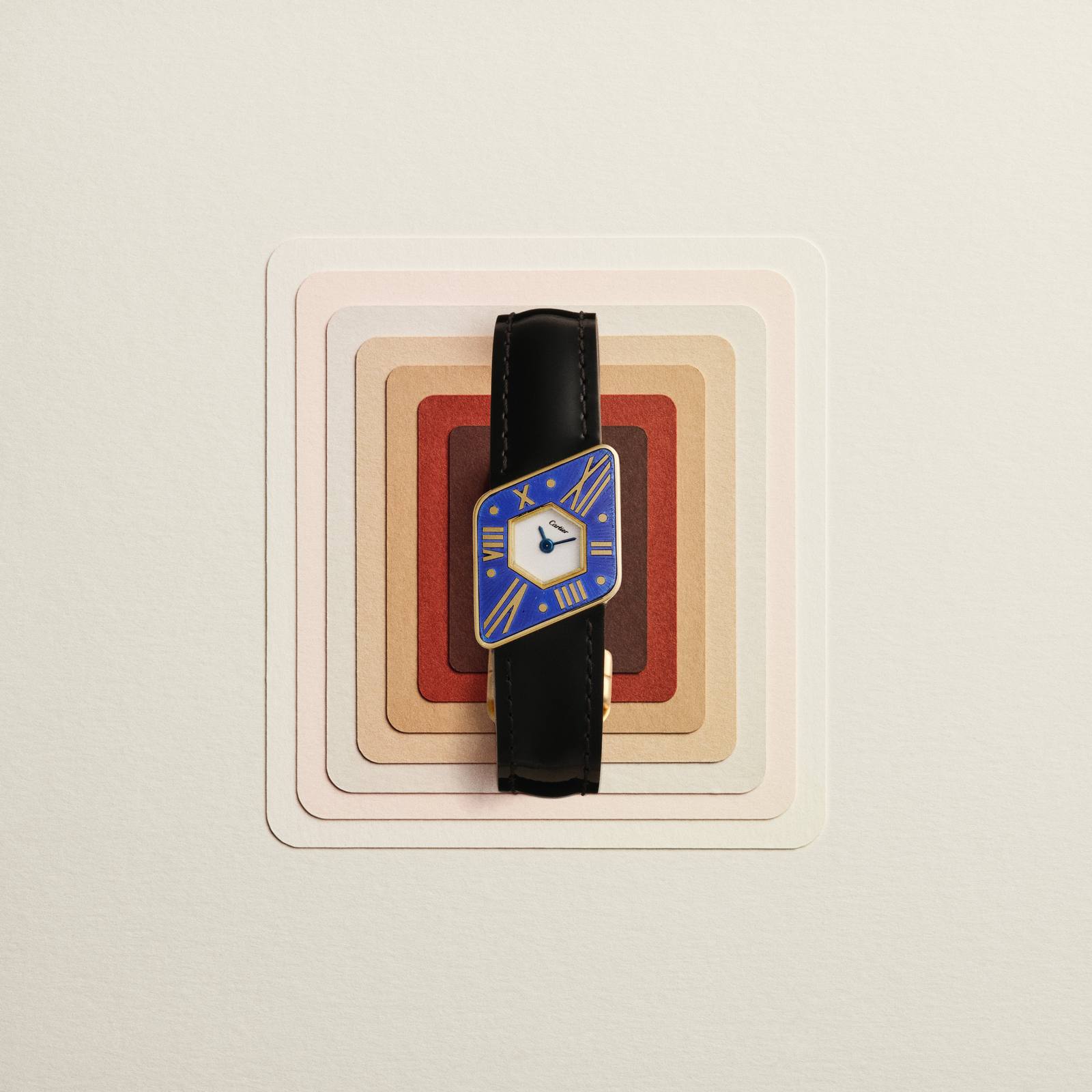 Yellow gold Cartier London Asymetrique with blue enamel dial.