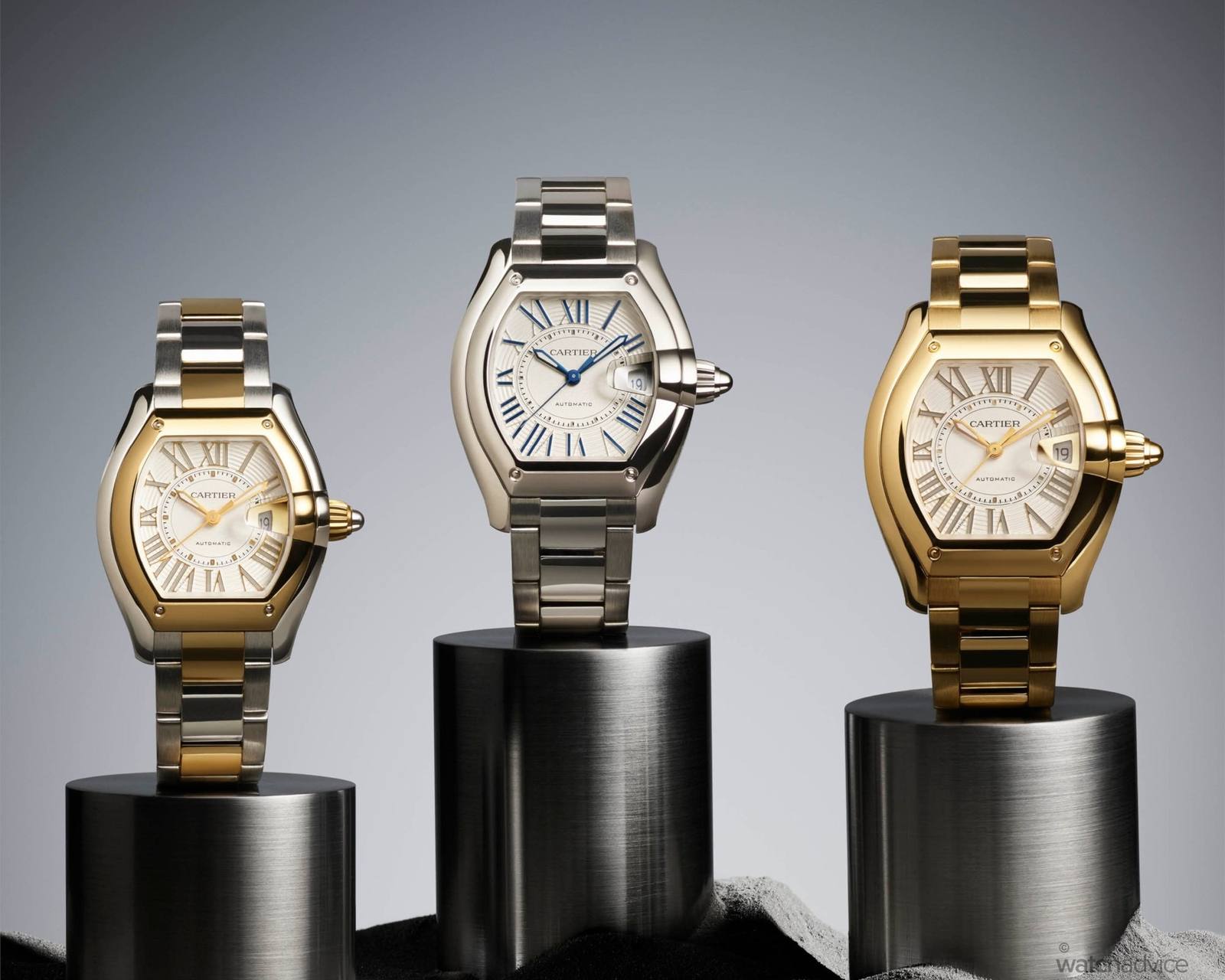 Three 2026 Cartier Roadster watches showing the new reference range.