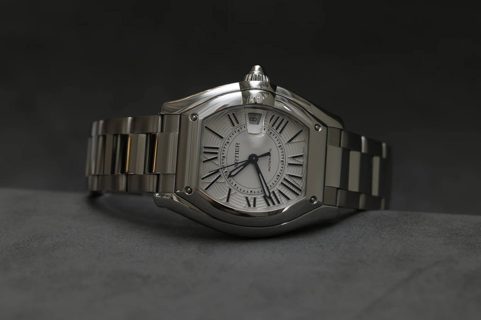 Close-up of the 2026 Cartier Roadster in steel.