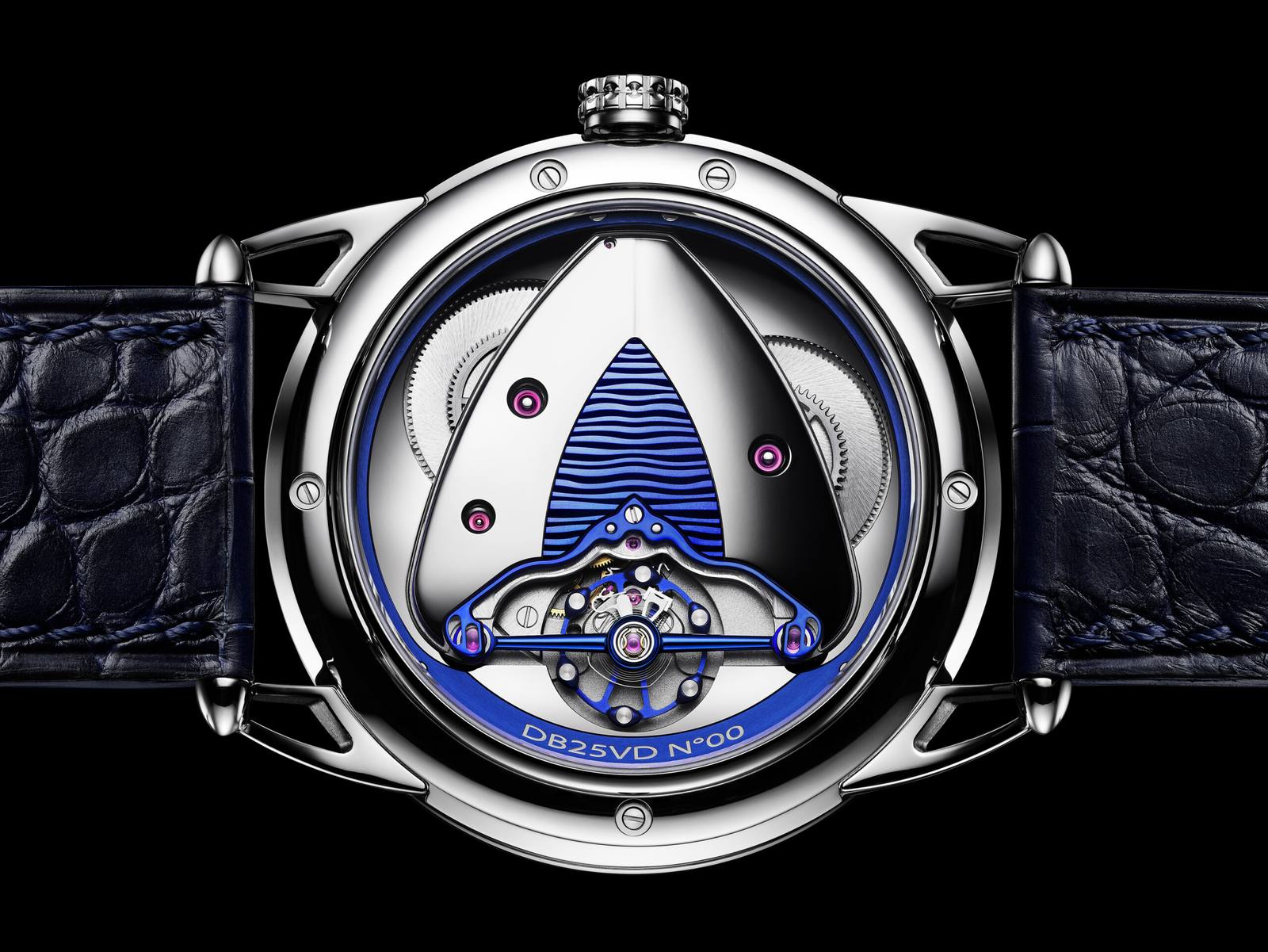 Sapphire caseback of the De Bethune DB25 Digitale revealing Calibre DB2144V3 with blued balance