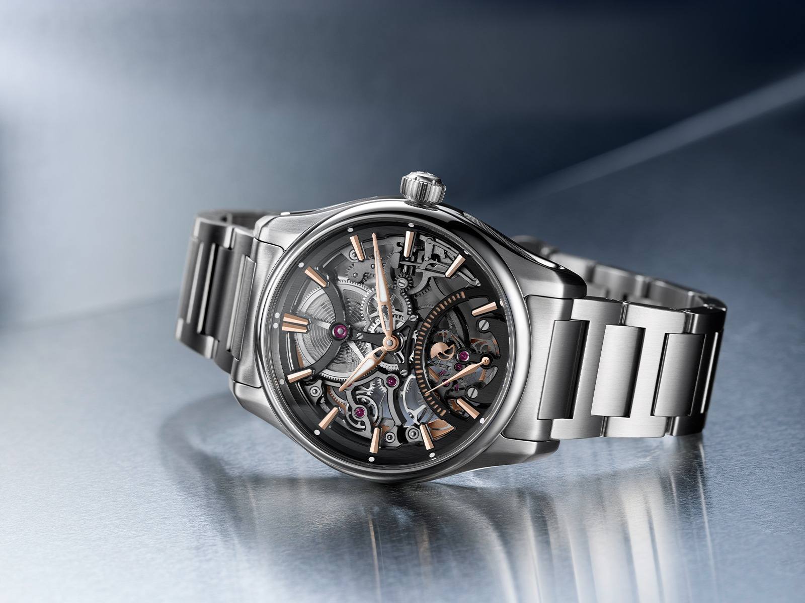 H. Moser Pioneer Skeleton Retrograde Seconds with skeletonized movement.
