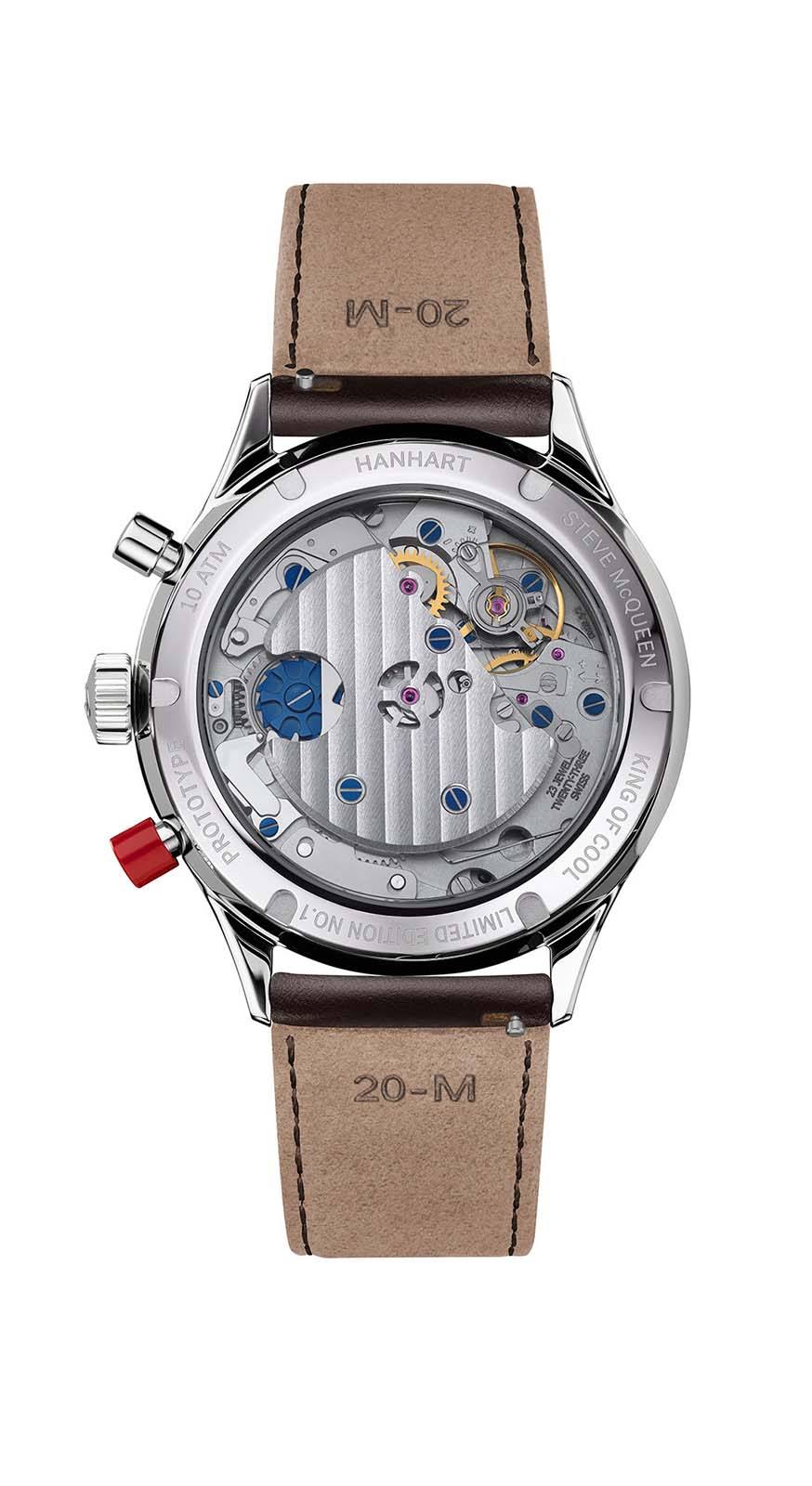 Exhibition caseback of the Hanhart 417 ES Steve McQueen Limited Edition No. 1.