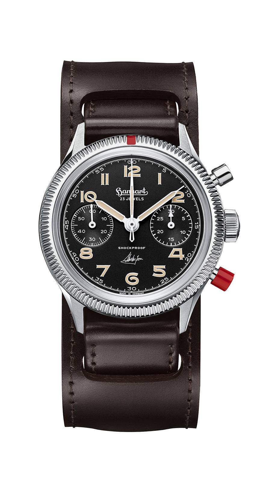 Hanhart 417 ES Steve McQueen Limited Edition No. 1 chronograph, front view.