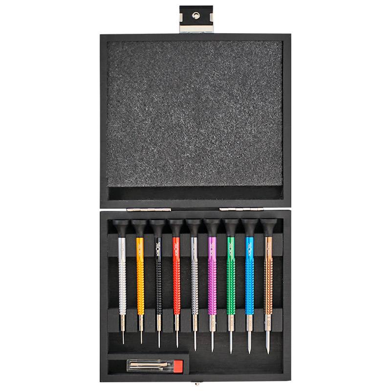 Horotec MSA01.218-A nine screwdrivers in open wooden case with spare blades