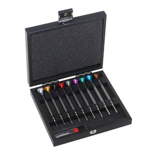 Nine colour-coded watchmaker screwdrivers in an open black wooden box, Horotec MSA01.218-A