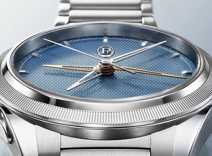 Close-up of the Parmigiani Fleurier Tonda PF Chronographe Mysterieux Mineral Blue dial with the chronograph activated, the rhodium-plated chronograph hands deployed over the rose gold civil time hands.