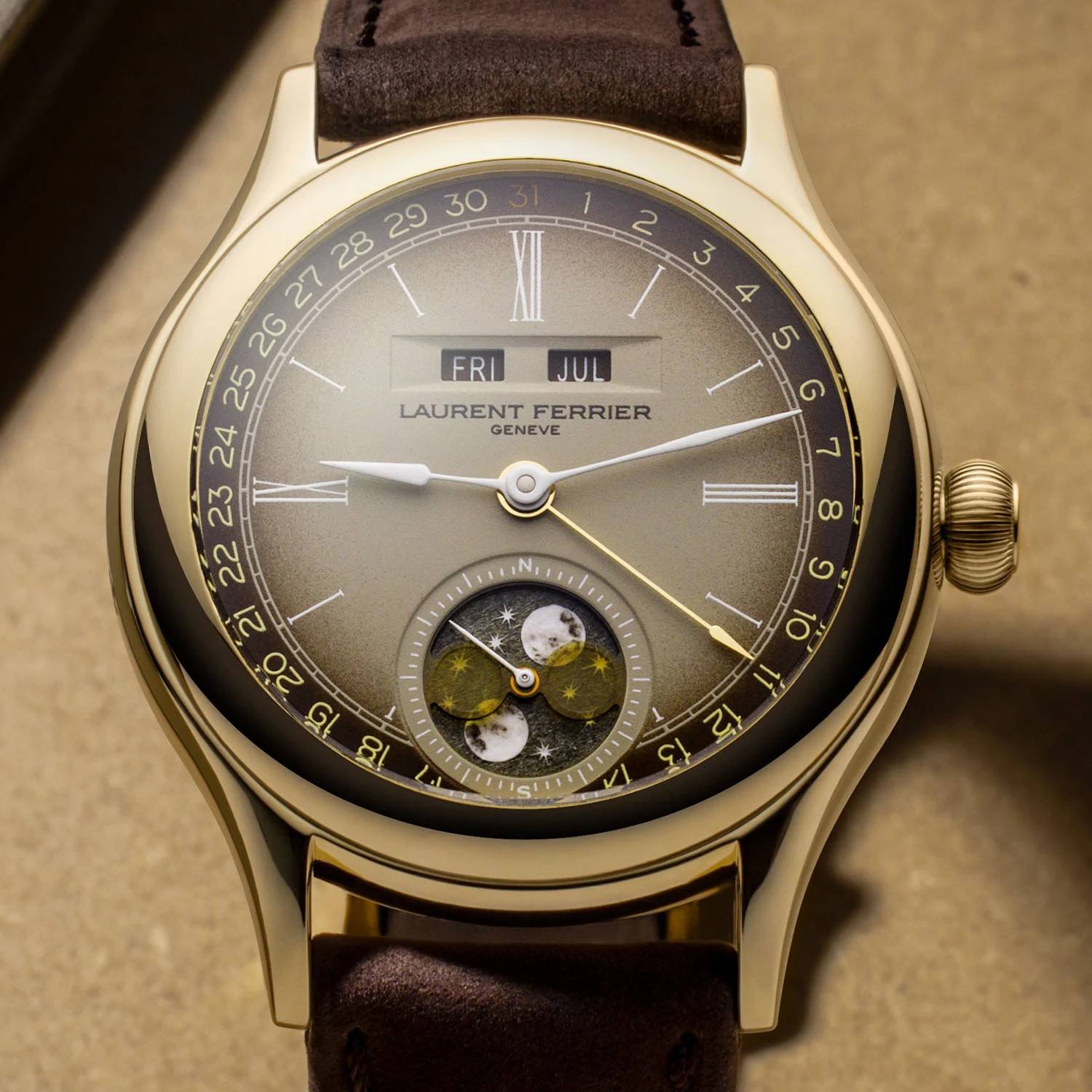 Moonphase detail of the Laurent Ferrier Classic Moon Dusk in yellow gold showing the obsidian moon disc