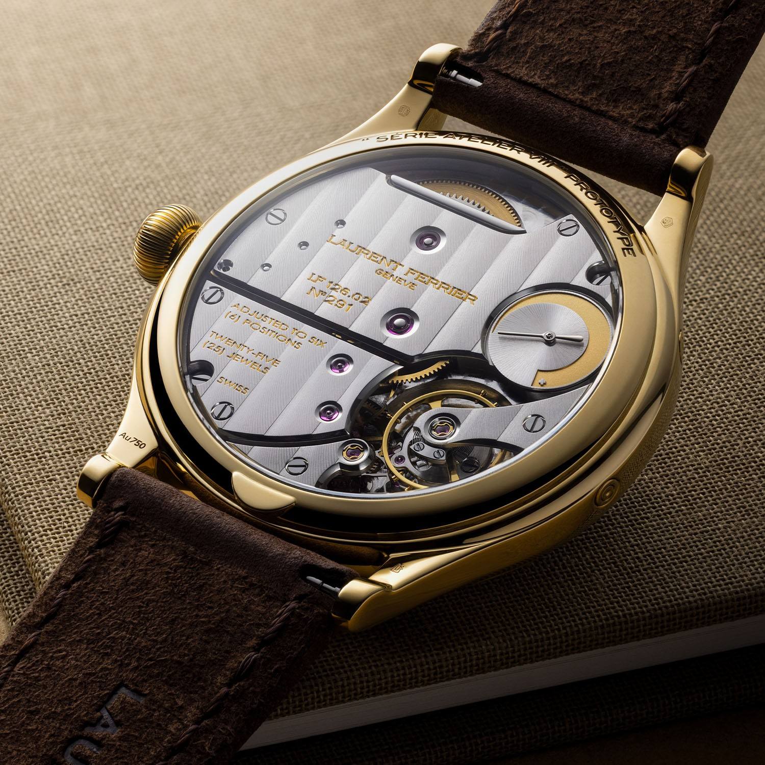 Sapphire caseback view of the Laurent Ferrier Classic Moon Dusk showing calibre LF126.02