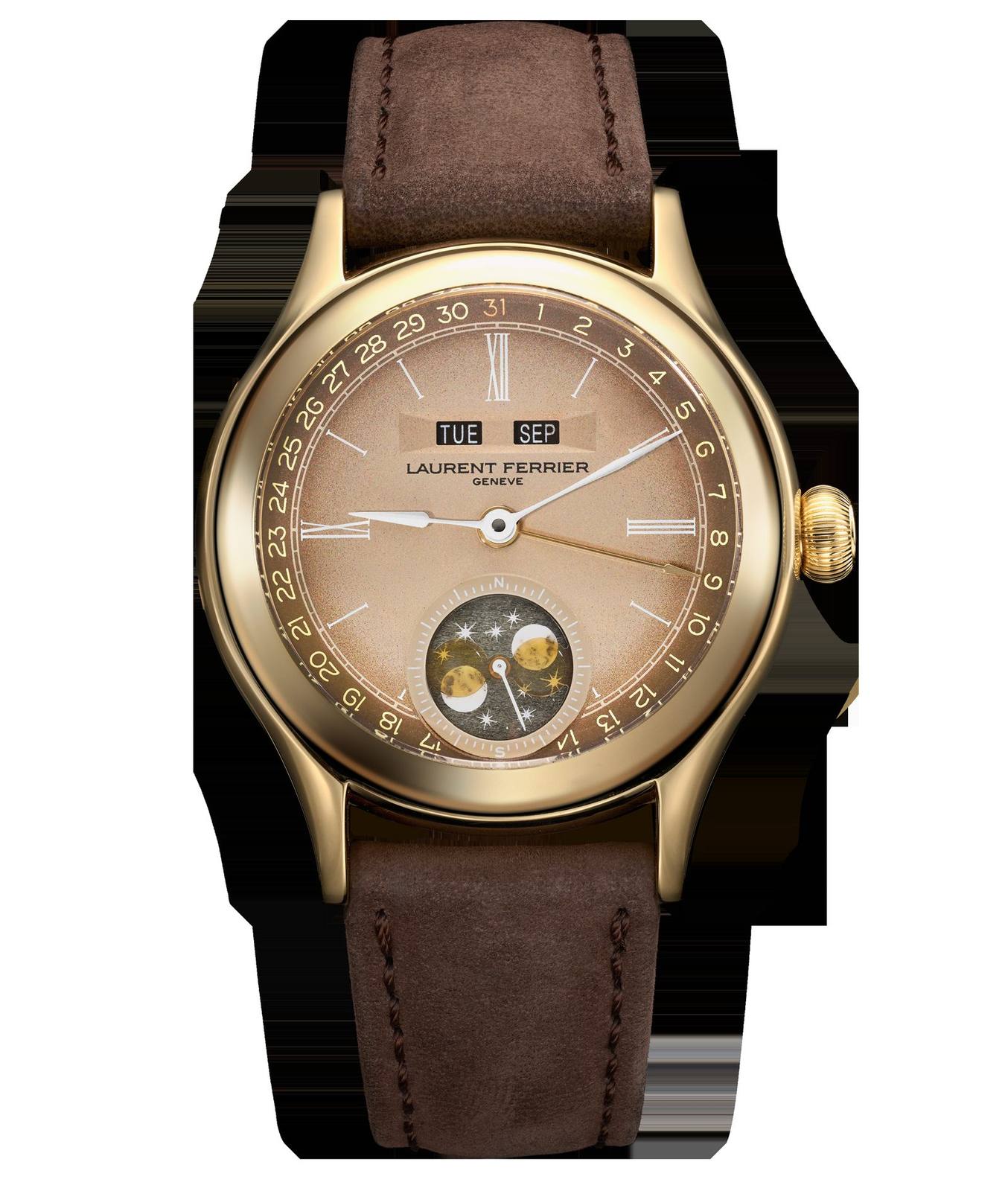 Laurent Ferrier Classic Moon Dusk in yellow gold with taupe-to-chocolate gradient dial and obsidian moonphase.