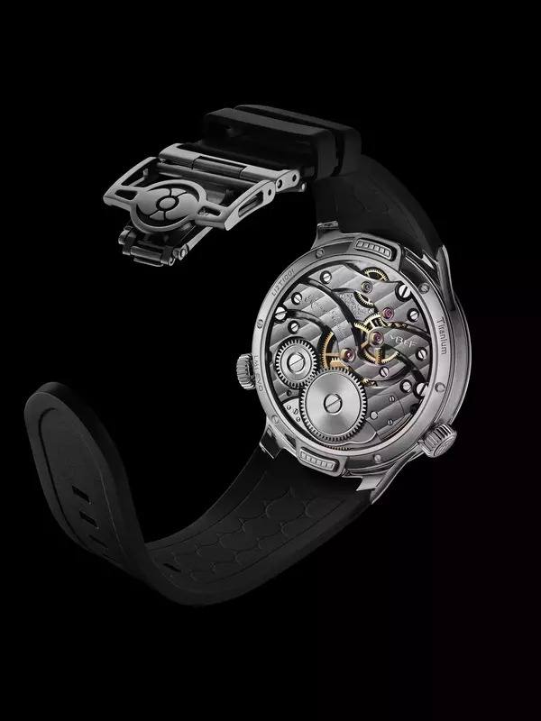 MB&F LM1 EVO caseback showing the hand-finished movement and rubber strap.