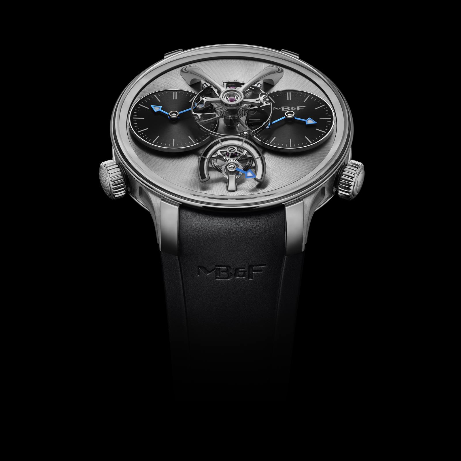 MB&F LM1 EVO in titanium with twin black subdials and suspended balance wheel.