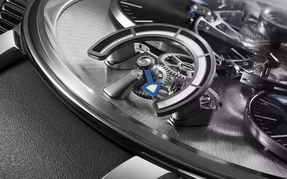 Detail of the MB&F LM1 EVO inclined power reserve indicator with blue arrow hand.