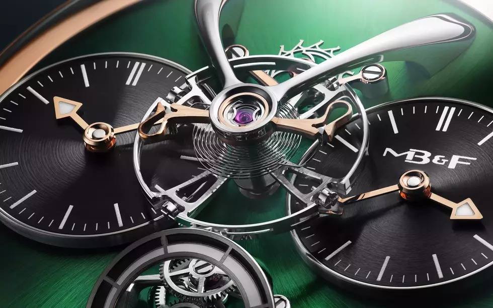 MB&F LM1 EVO in rose gold with green dial plate and suspended balance wheel.