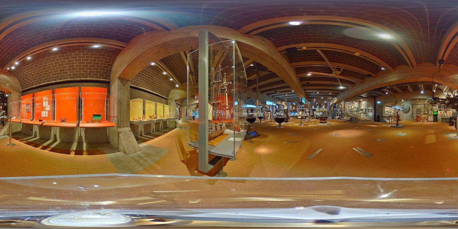 Marine chronometry gallery of the Musee international d horlogerie with a ship model in a vitrine