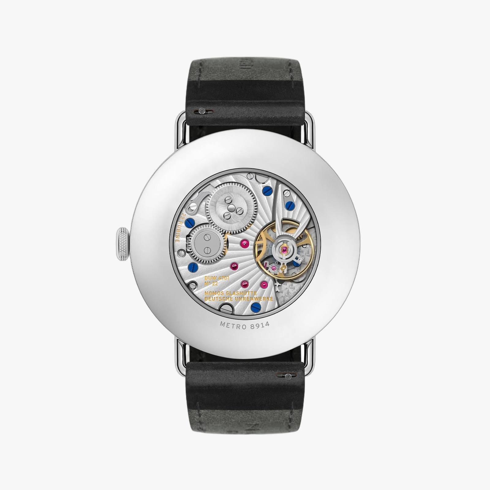 NOMOS DUW 4701 hand-wound calibre seen through the Metro caseback.
