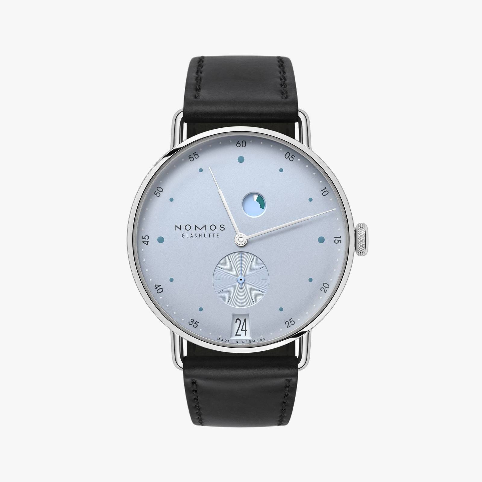 NOMOS Metro date power reserve ice blue with pale blue dial and black leather strap.
