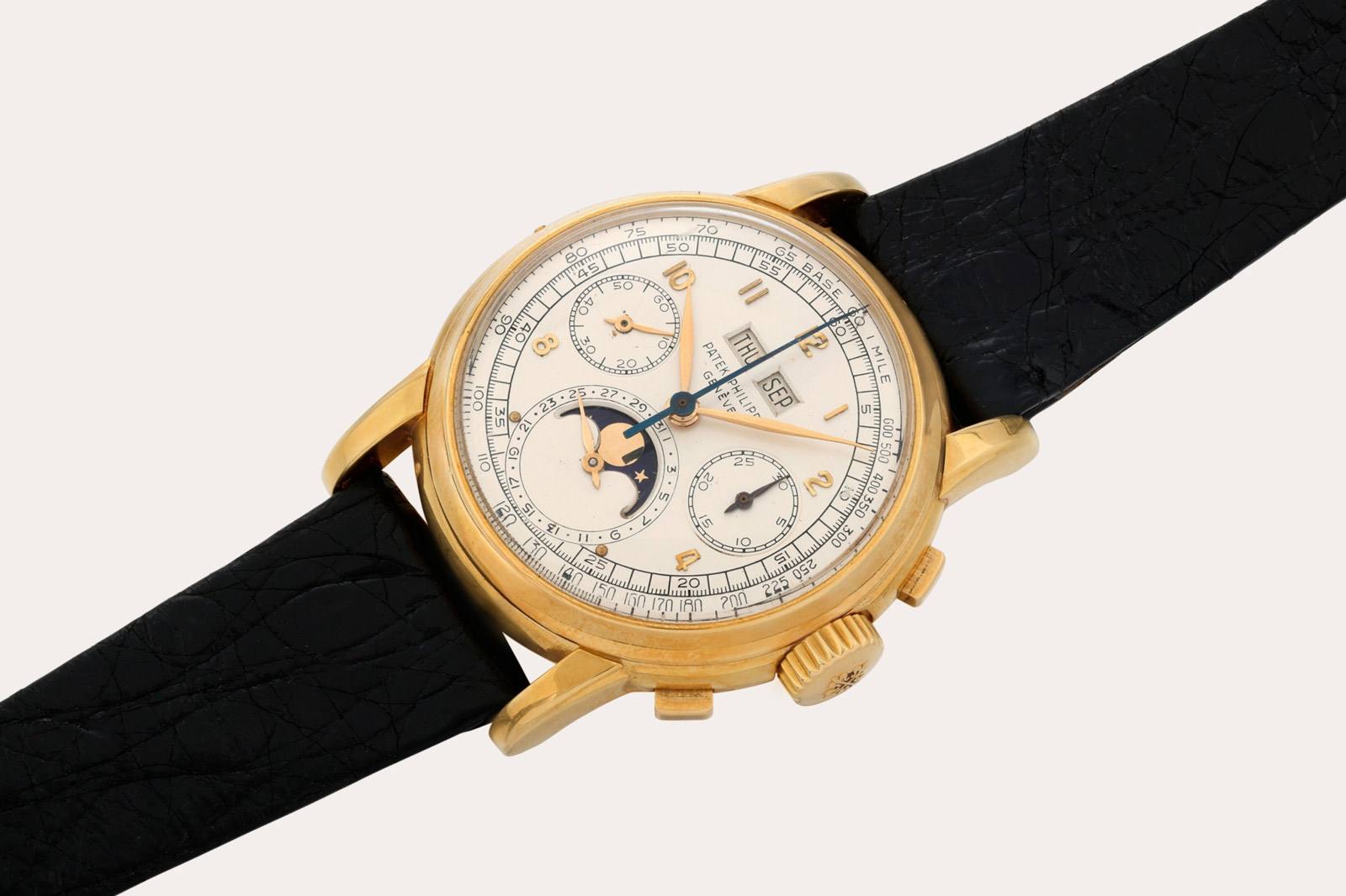 First Series Patek Philippe ref. 2499 in yellow gold photographed by Sotheby's.