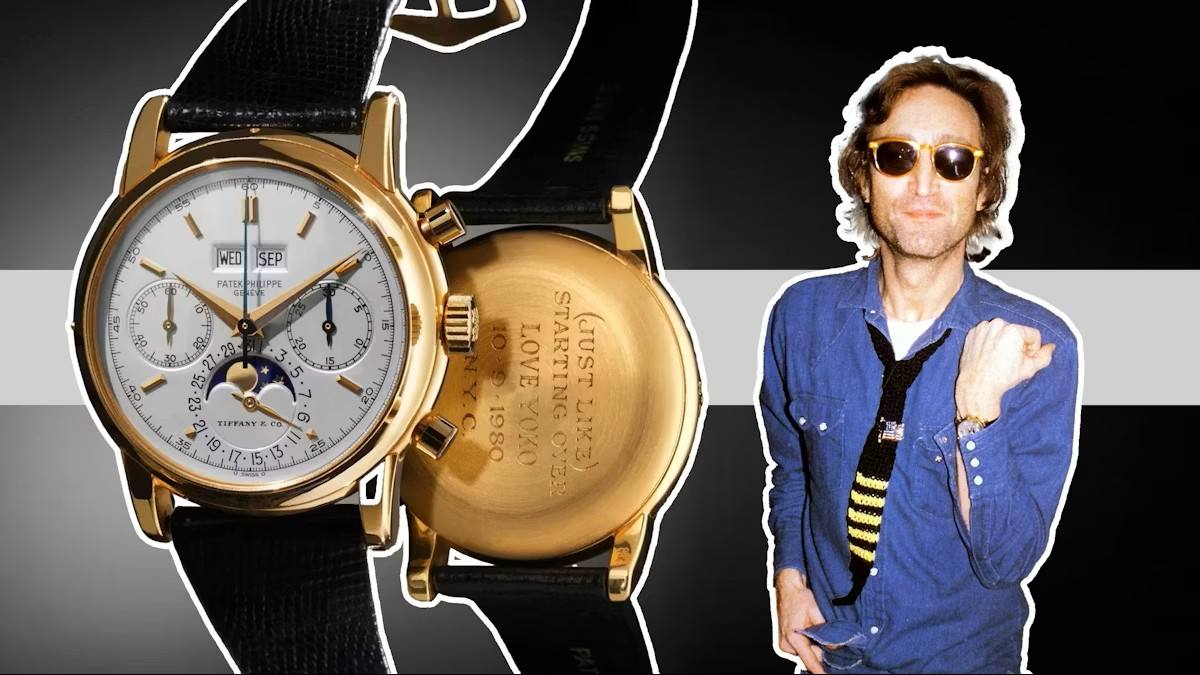 Composite graphic of John Lennon with his Patek Philippe ref. 2499 and its engraved caseback.