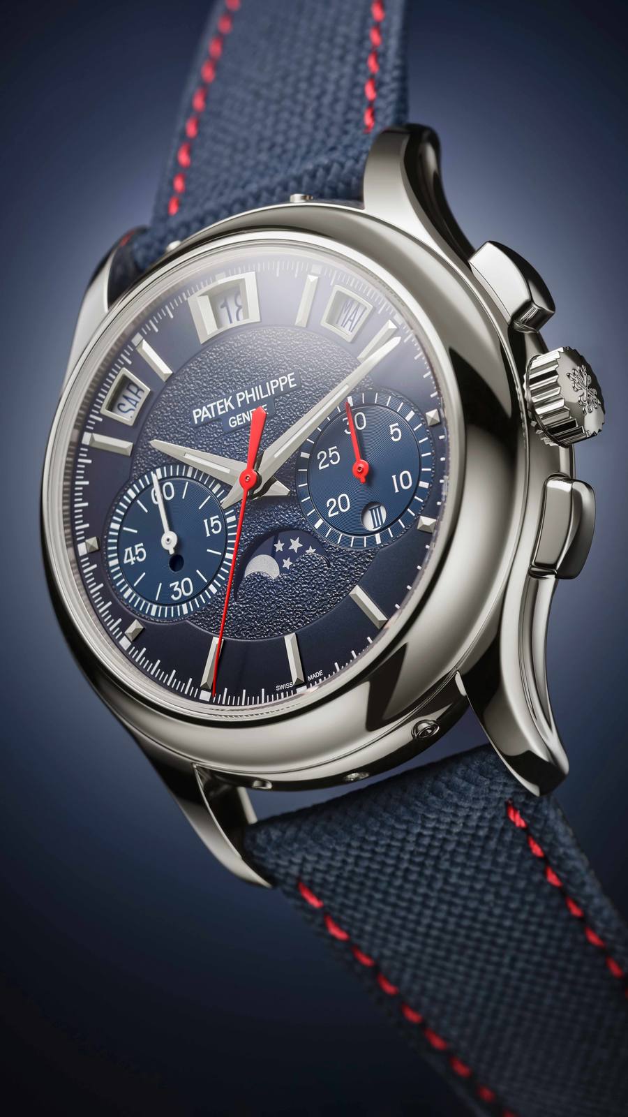 Profile view of the platinum Patek Philippe Ref. 5978P-010 case and strap.