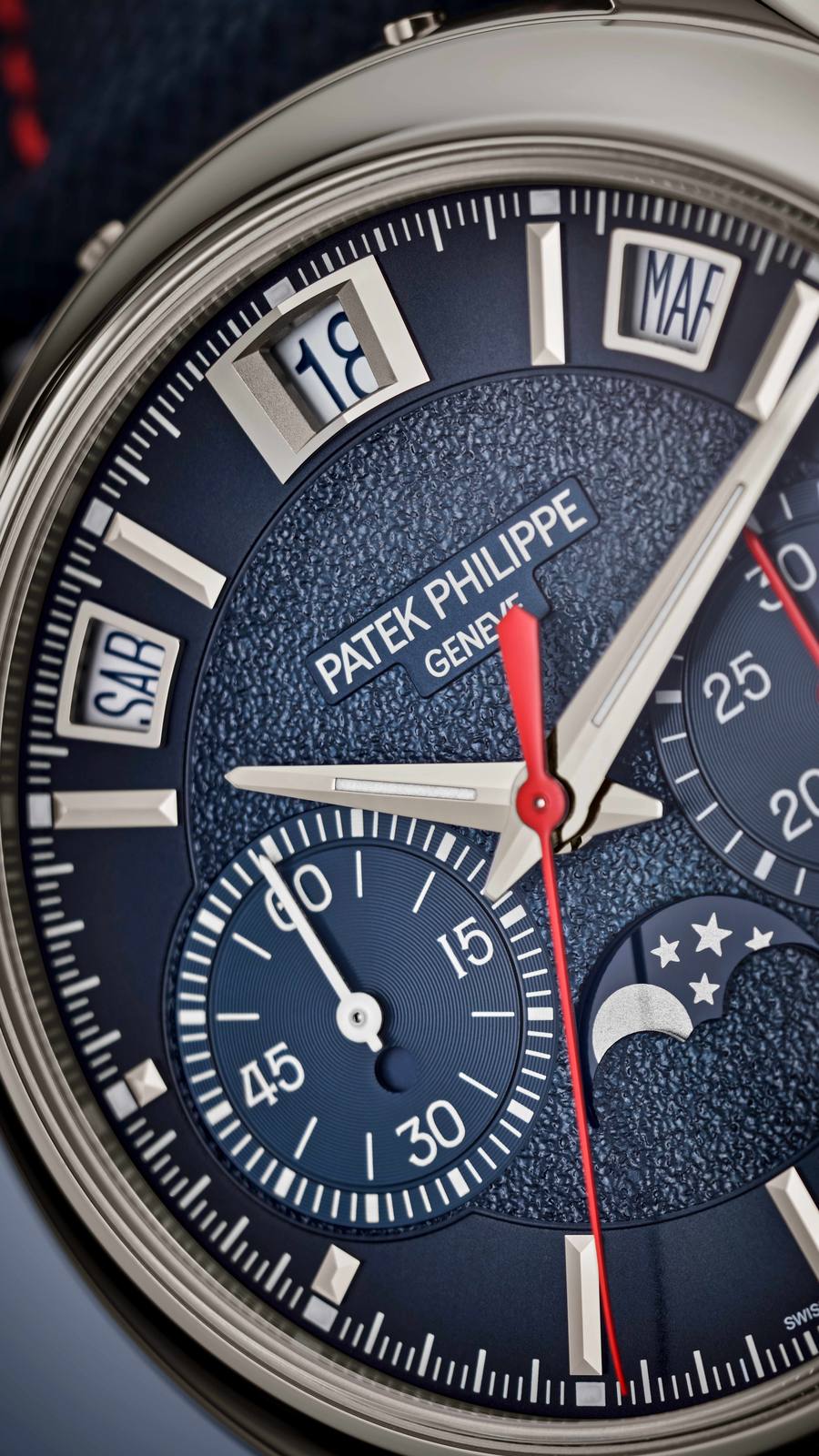Close-up of the Patek Philippe Ref. 5978P-010 dial with Italian calendar indications.