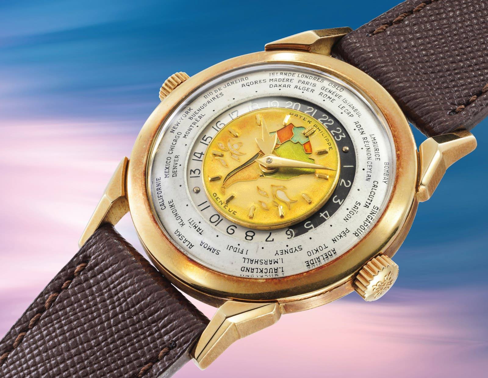 Macro of the cloisonne enamel South America dial of the 1953 Patek Philippe reference 2523.