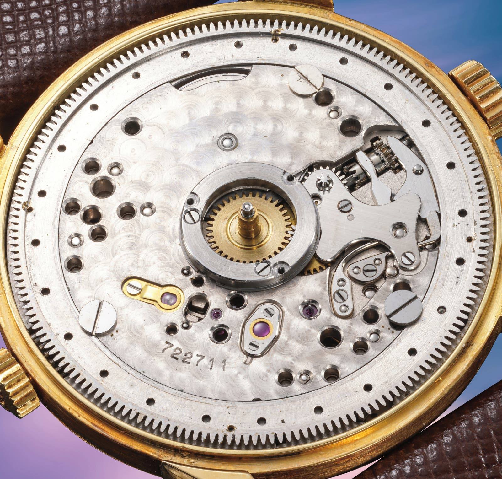 Movement view of the 1953 Patek Philippe reference 2523 showing movement number 722711.