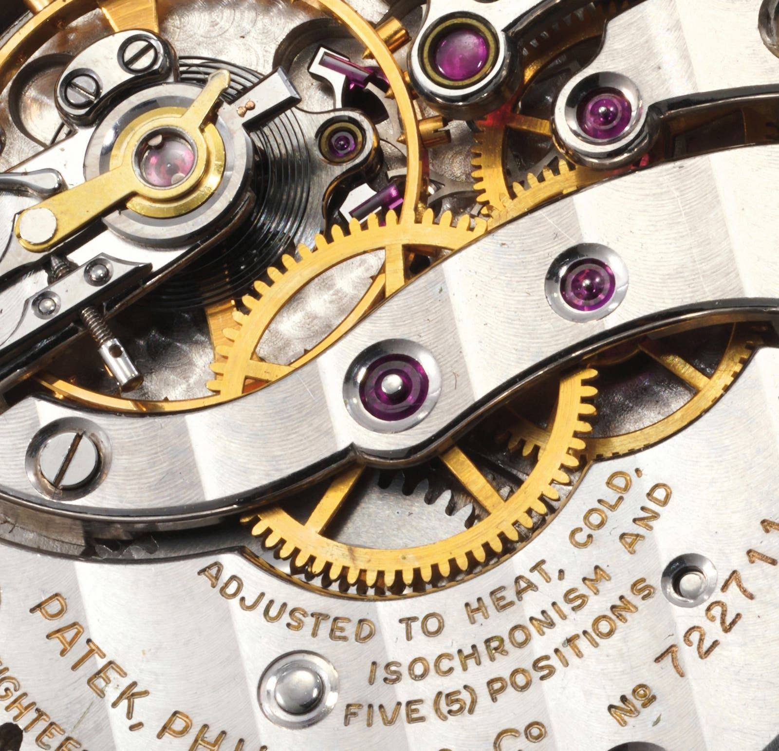 Macro detail of the 1953 Patek Philippe reference 2523 movement engraving and jewels.