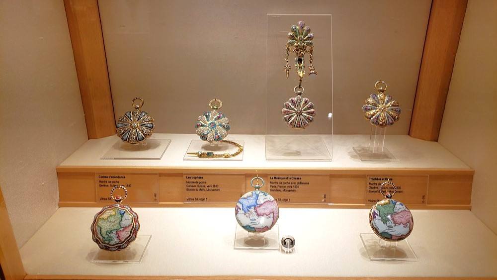 Vitrine of enamel pocket watches from Geneva circa 1830 at the Patek Philippe Museum