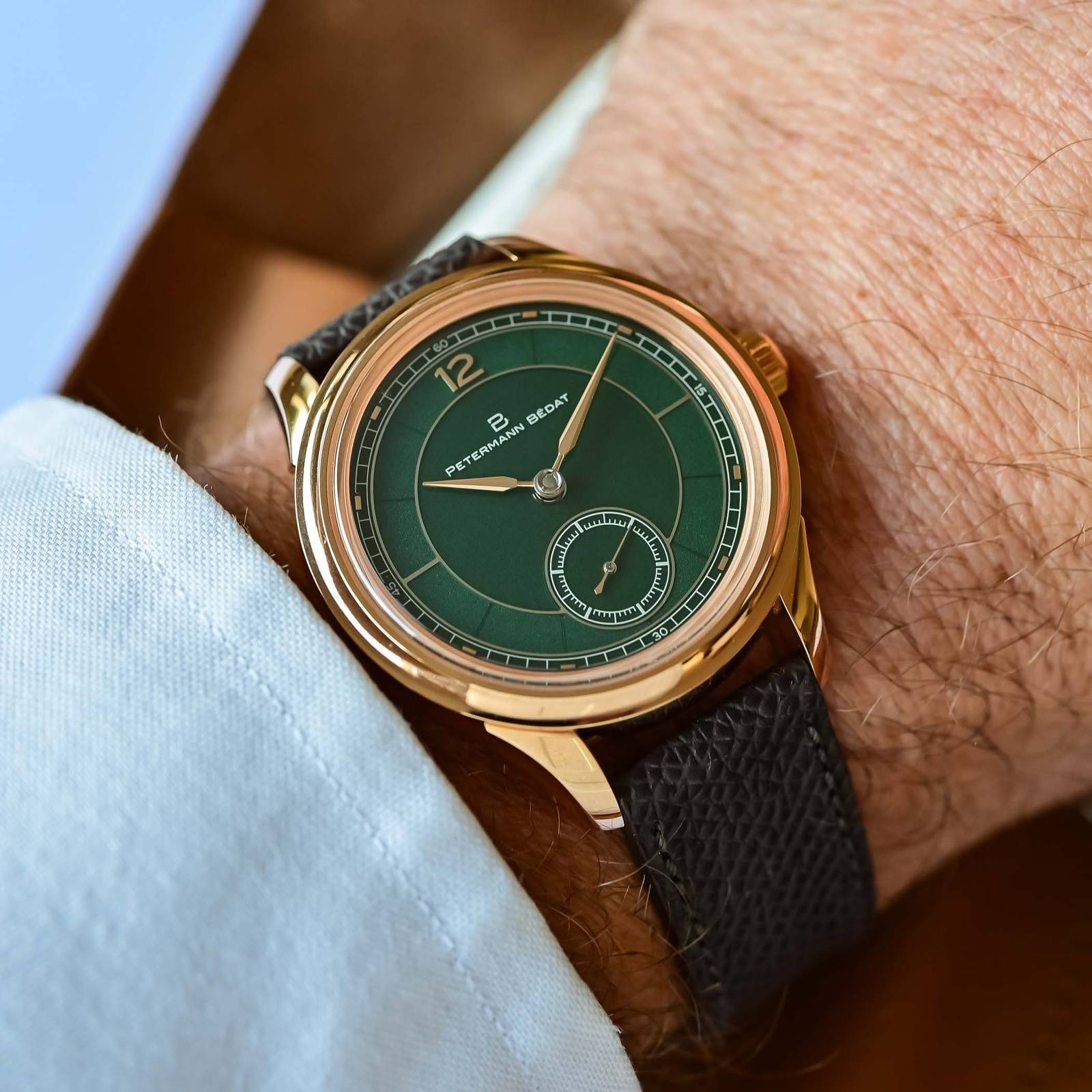 Petermann Bedat Reference 1825 in rose gold worn on the wrist