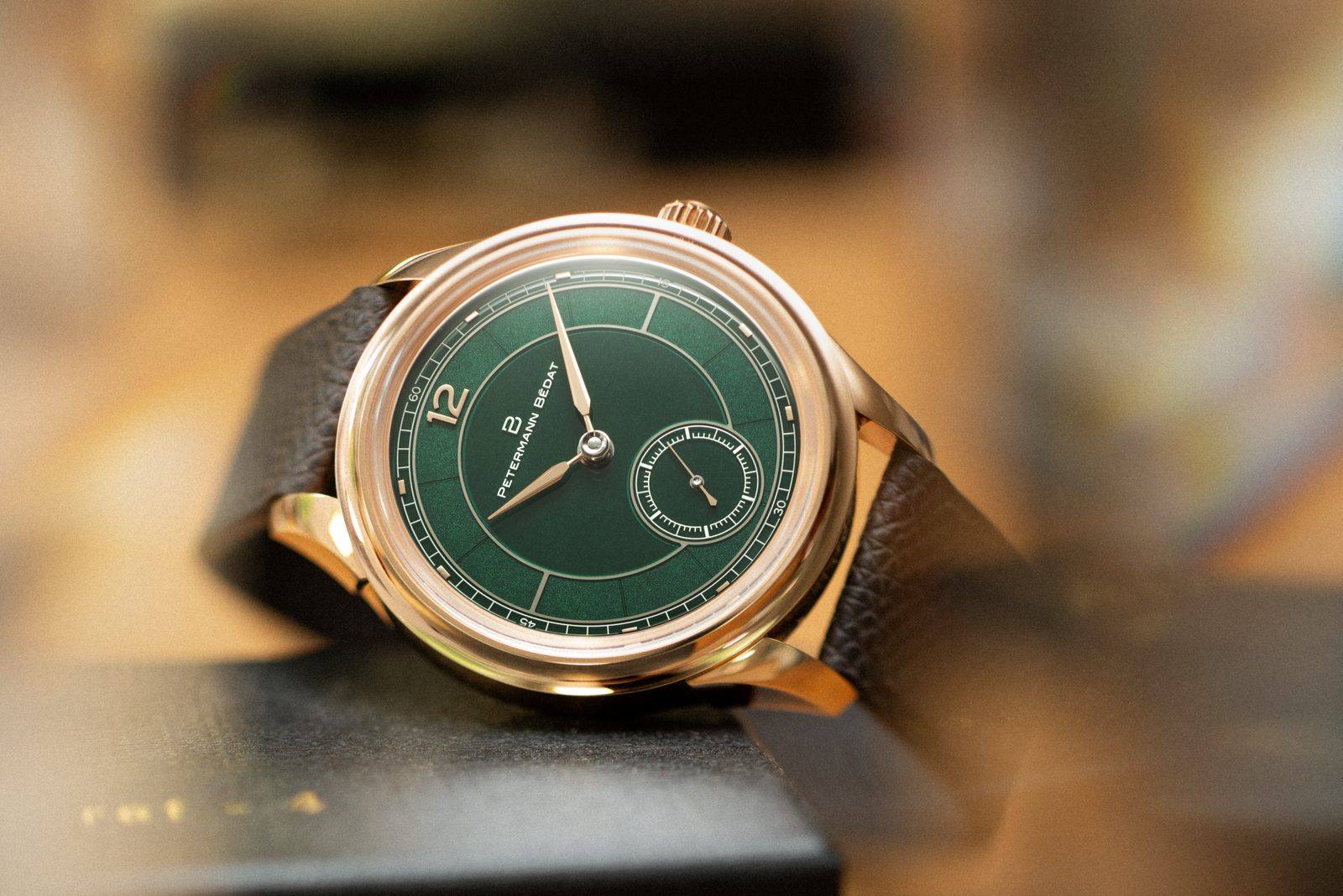 Petermann Bedat Reference 1825 in rose gold with green enamel dial.