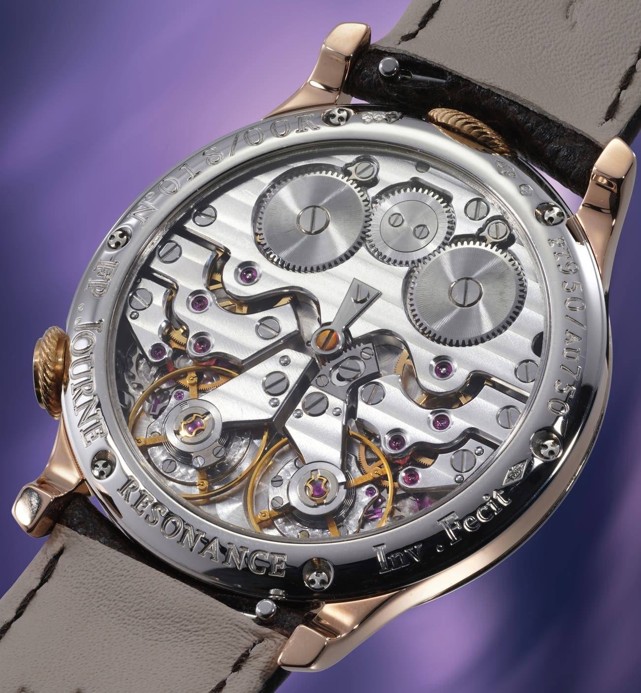 Caseback view of the F.P. Journe Chronometre a Resonance Souscription No. 18, showing the twin resonating escapements and the 018/00R engraving, lot 6 of Phillips Geneva Watch Auction XXIII.