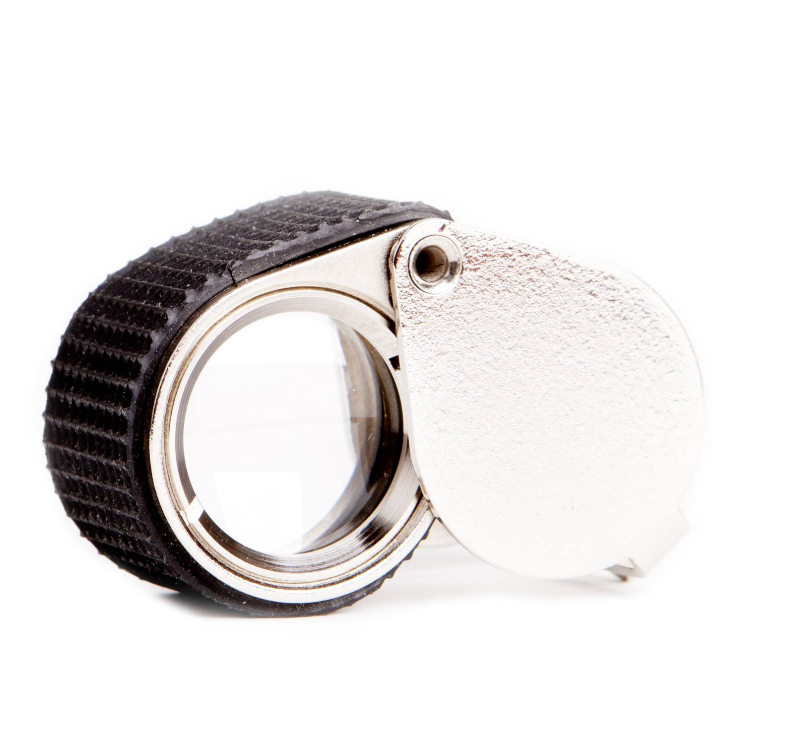 BelOMO 10x triplet loupe open, showing the lens and folding steel cover