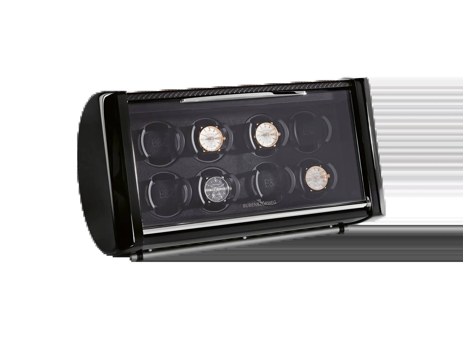 BUBEN&ZORWEG Spirit 8 winder seen from the side with glass top and rotor holders visible.