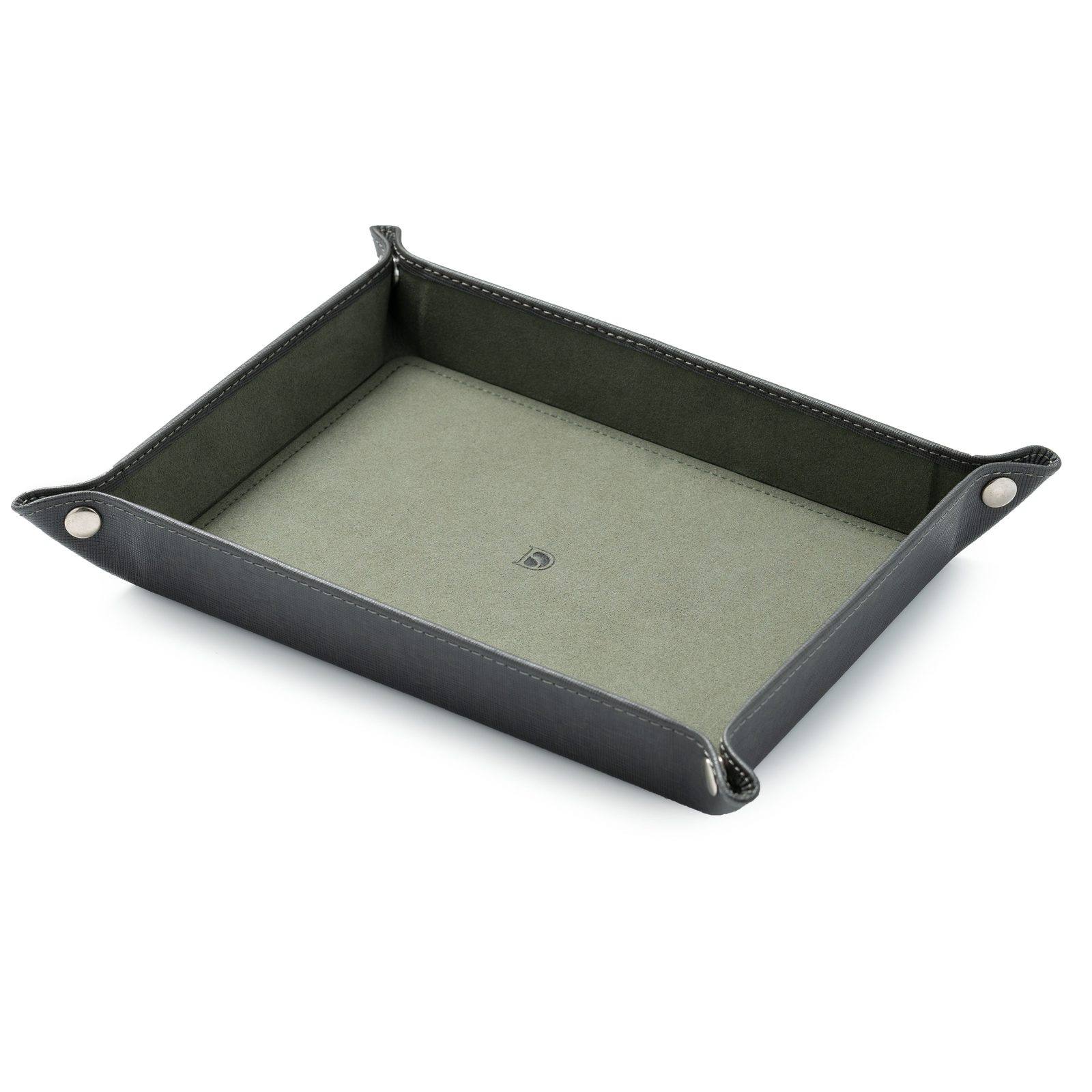 Delugs grey and dark green leather valet tray with raised sides