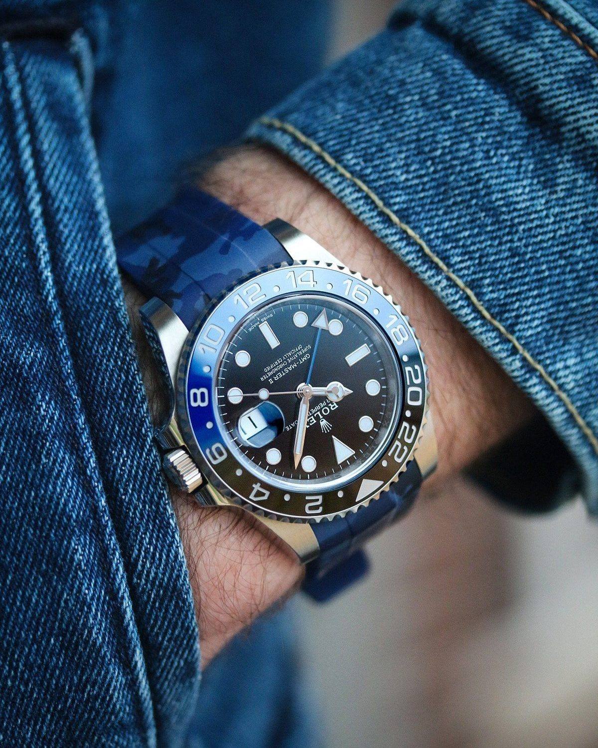 Rolex GMT-Master II on a Horus ocean camo rubber strap, wrist shot