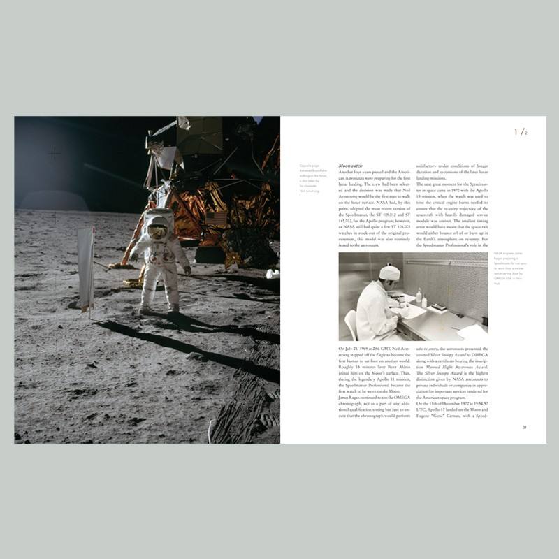 Moonwatch Only third edition open to a spread with an Apollo moonwalk photo