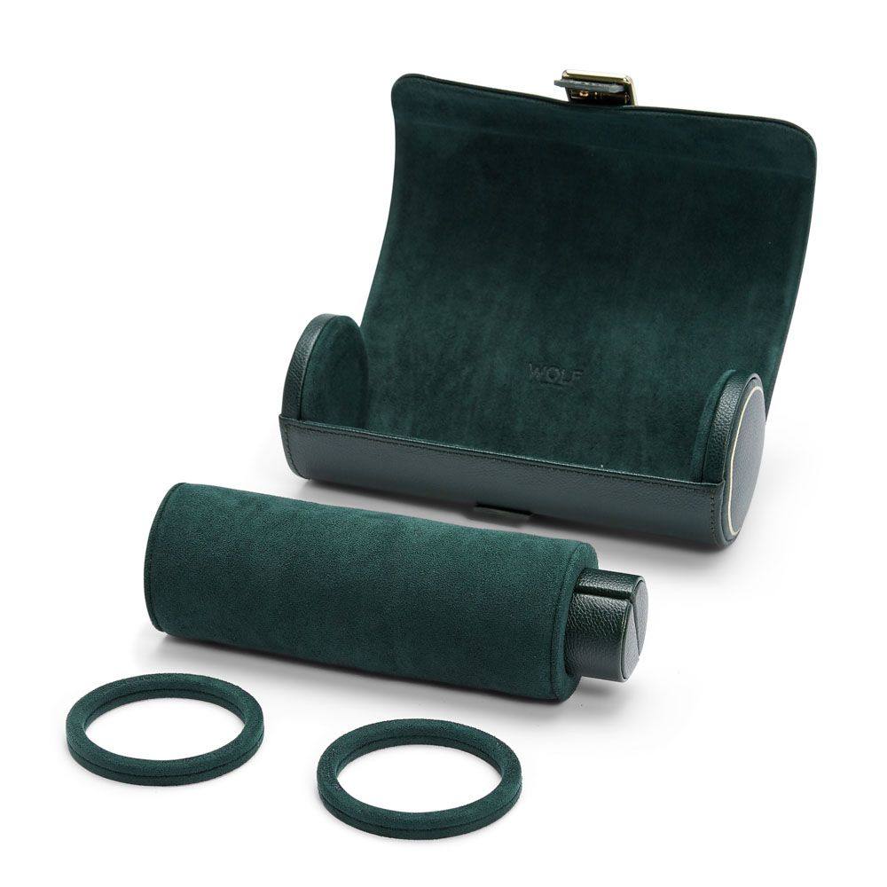 Green British Racing triple roll with its drum slid partway into the open case.