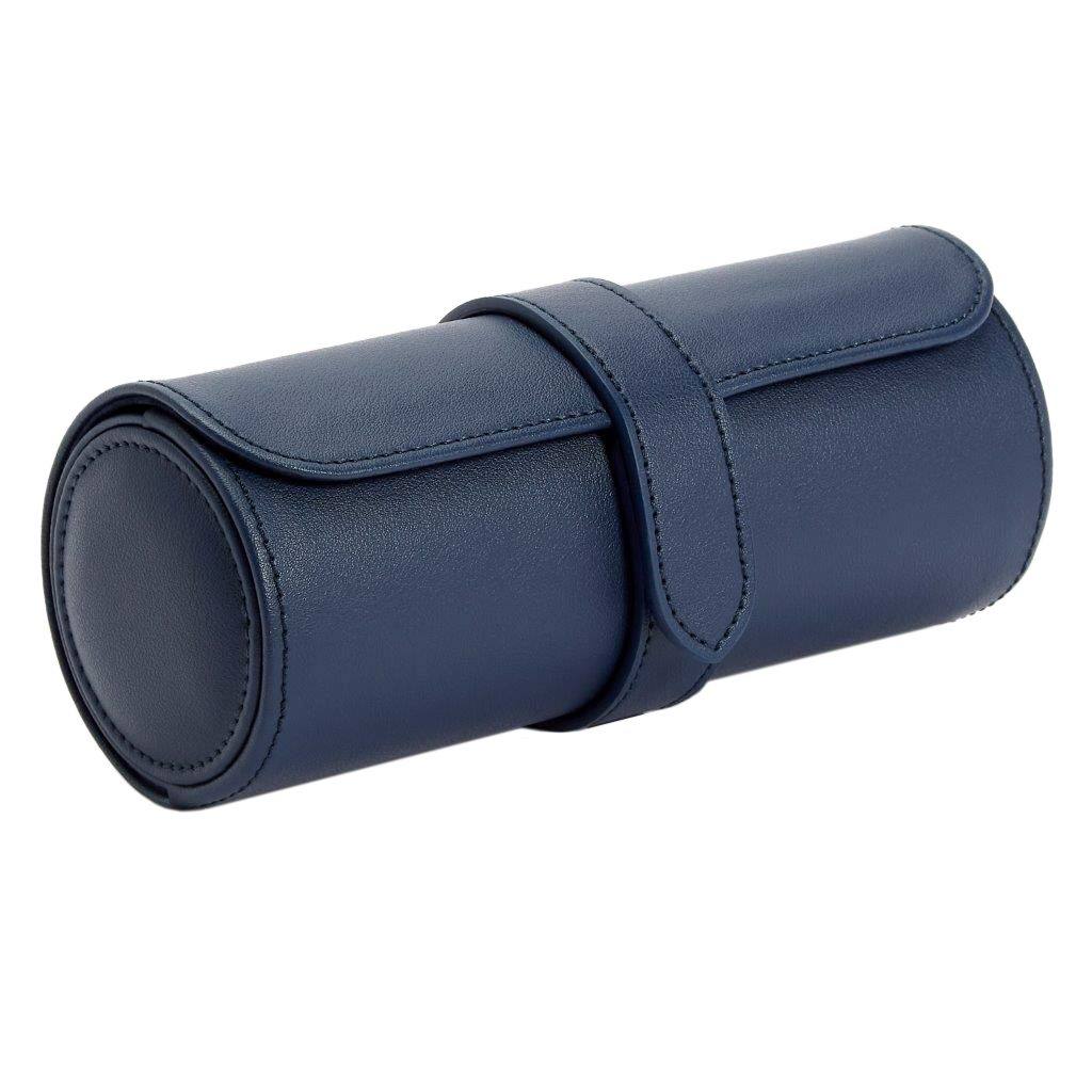 Closed navy WOLF Heritage watch roll seen from the side, showing the strap fastening.