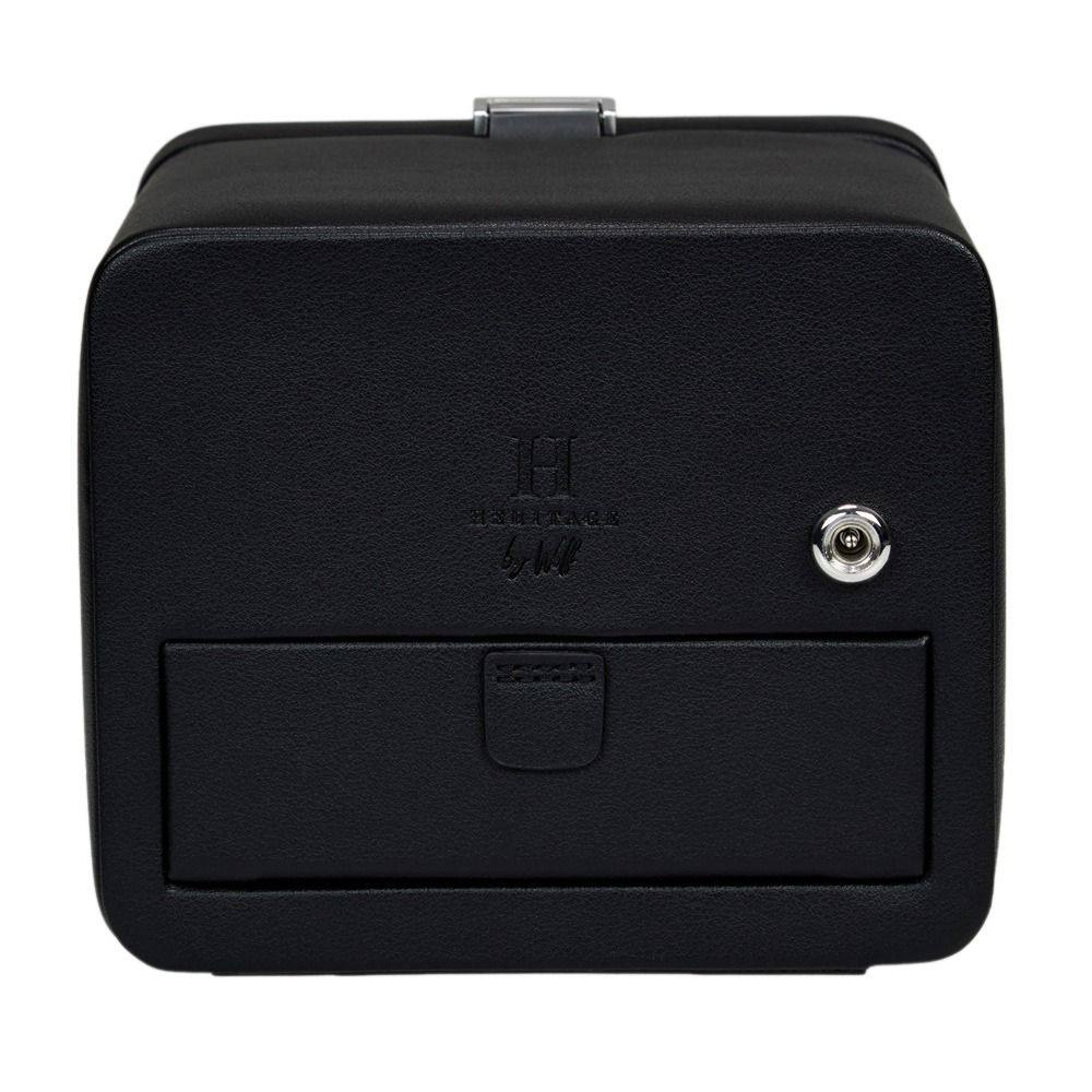 Rear of the closed WOLF Windsor single winder showing the embossed Heritage by WOLF back, key socket, and storage drawer.