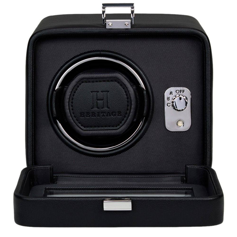 Open WOLF Windsor single winder showing the rotating drum, Heritage cuff, and rotation program dial.